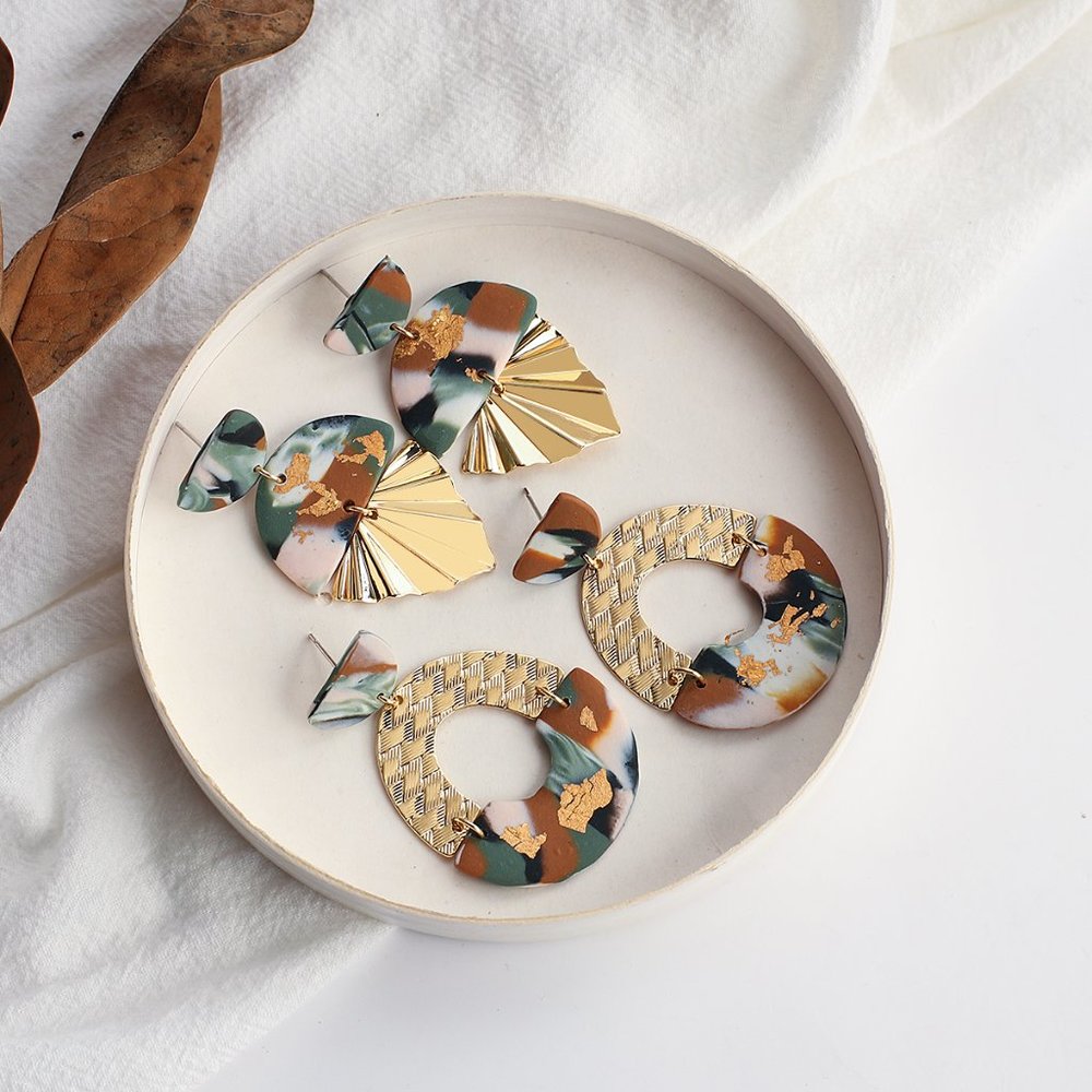 Boho Clay Abstract Gold Accent Fan Dangle Earrings - Picture 4 of 7